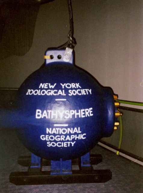 A full-size replica of William Beebe's bathysphere on display at Mystic Seaport Aquarium. Picture