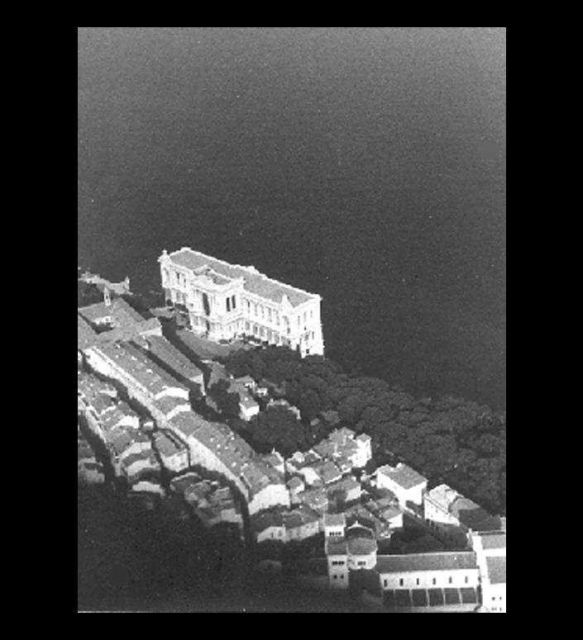 An aerial view of the Oceanographic Museum of Monaco showing its location by the sea. Picture