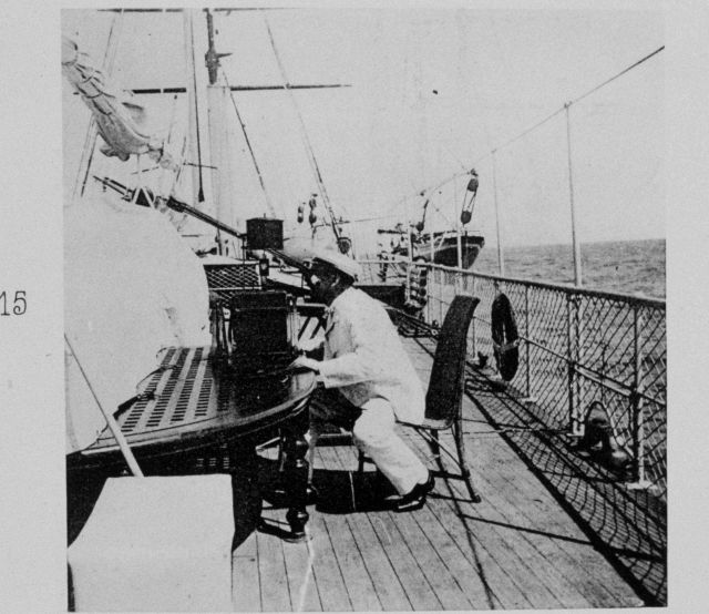 Professor Hergesell reading the electroscope Picture