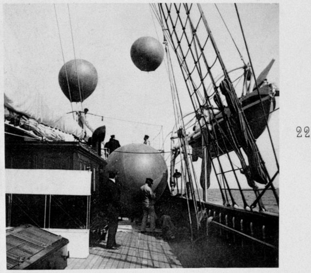 Three sounding balloons being prepared for the exploration of the high atmosphere Picture