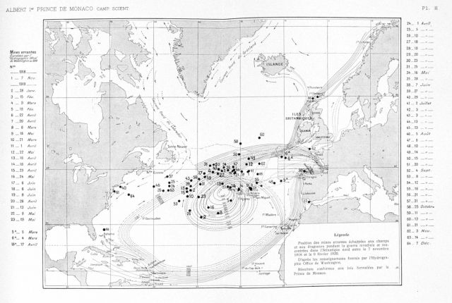 Positions of errant mines that broke away from moorings during the First World War and recovered in the North Atlantic between November 7, 1918, and F Picture
