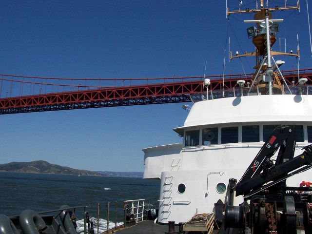 NOAA Ship MILLER FREEMAN passing under the Golden Gate Bridge. Picture