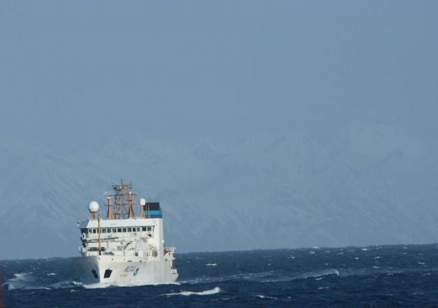 NOAA Ship OSCAR DYSON seen from the NOAA Ship MILLER FREEMAN on a cold breezy day off Kodiak Island. Picture