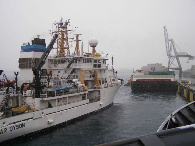 NOAA Ship OSCAR DYSON walking its way into a berth at Dutch Harbor. Picture