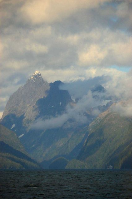 Look closely to see the NOAA Ship FAIRWEATHER dwarfed by the majestic peaks surrounding Chatham Strait. Picture