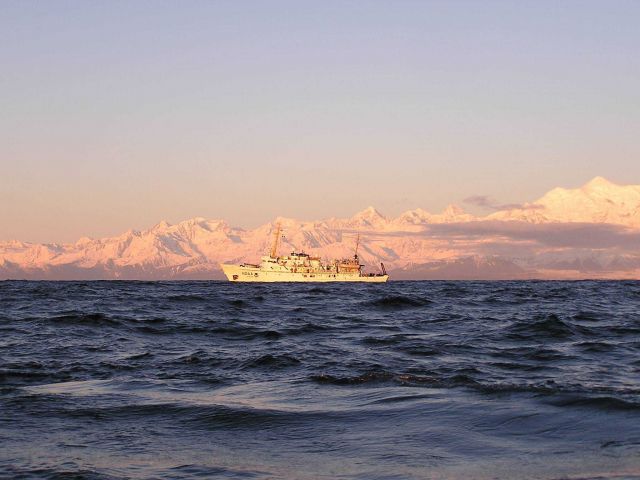 NOAA Ship FAIRWEATHER in the northeast Pacific Ocean off the Fairweather Range. Picture