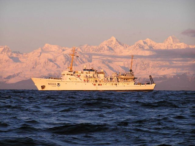 NOAA Ship FAIRWEATHER in the northeast Pacific Ocean off the Fairweather Range. Picture