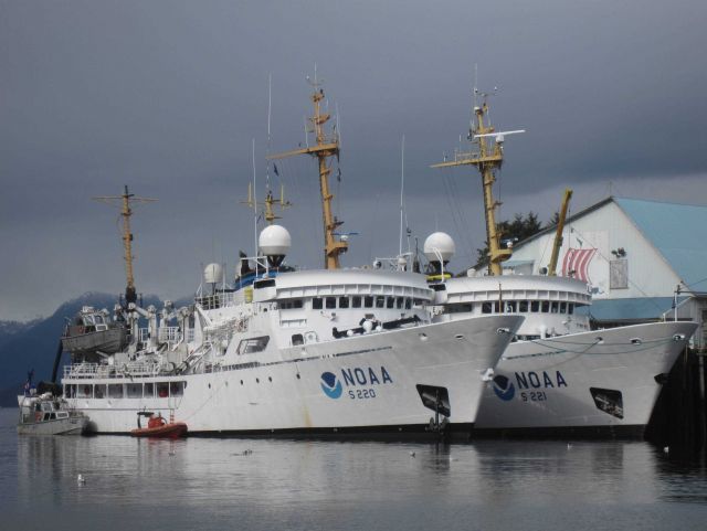 NOAA Ships FAIRWEATHER and RAINIER tied up with FAIRWEATHER outboard. Picture