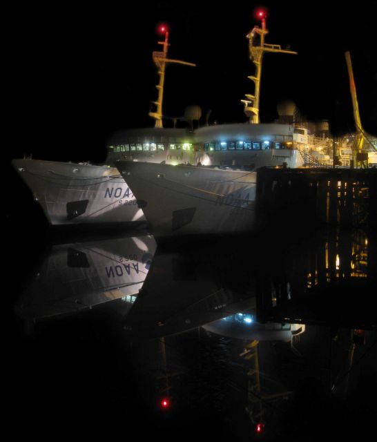 Night view of NOAA Ship FAIRWEATHER tied up outboard of NOAA Ship RAINIER at Petersburg pier. Picture
