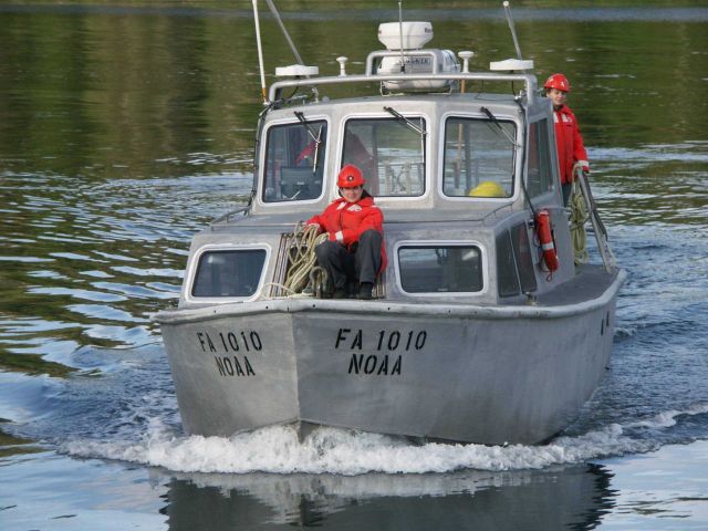 NOAA SHIP FAIRWEATHER Jensen survey launch 1010 approaching ship in Ernest Sound area. Picture