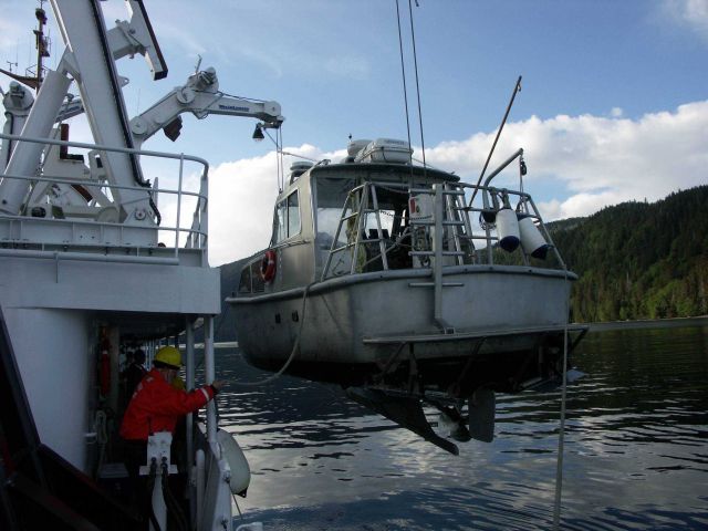 NOAA SHIP FAIRWEATHER Jensen survey launch 1010 being picked up four minutes after image ship5096. Picture