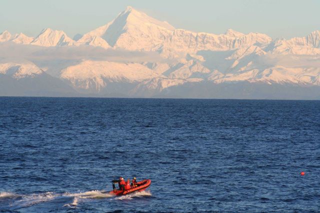 NOAA Ship FAIRWEATHER RHIB servicing an oceanographic instrument in the Gulf of Alaska off the Fairweather Range. Picture