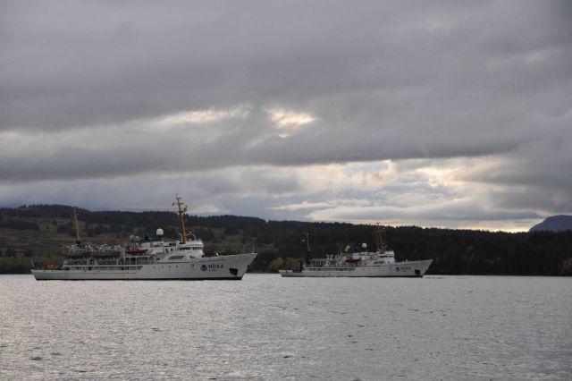 NOAA Ships RAINIER (S221) and FAIRWEATHER posing for the camera. Picture