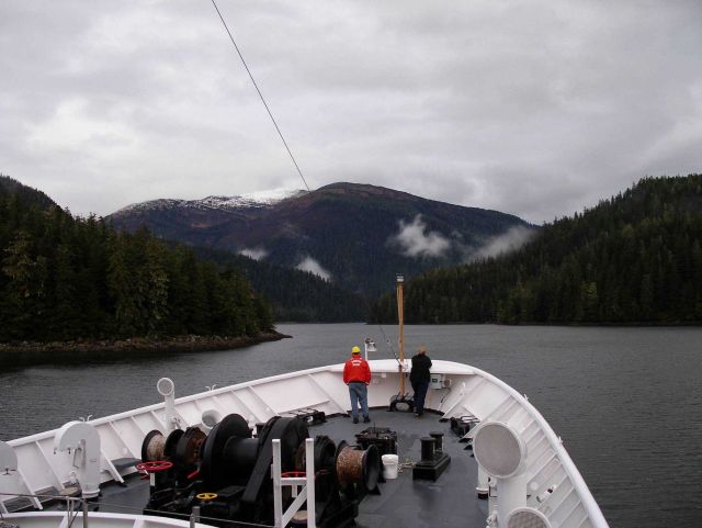NOAA Ship FAIRWEATHER traversing Wrangell Narrows. Picture