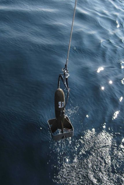 Moving vessel profiler used to monitor sound velocity data to correct multi-beam depth readings in a shallow water environment. Picture