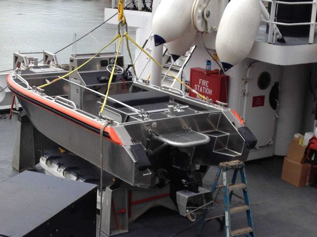 NOAA Ship FAIRWEATHER rescue boat ready for immediate launching. Picture