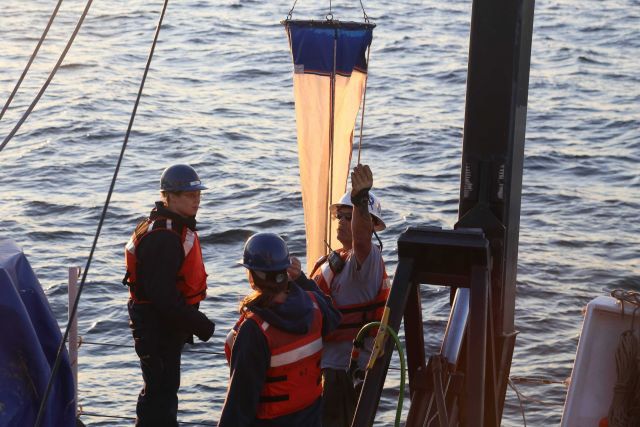 Deploying Bongo nets from NOAA Ship FAIRWEATHER. Picture