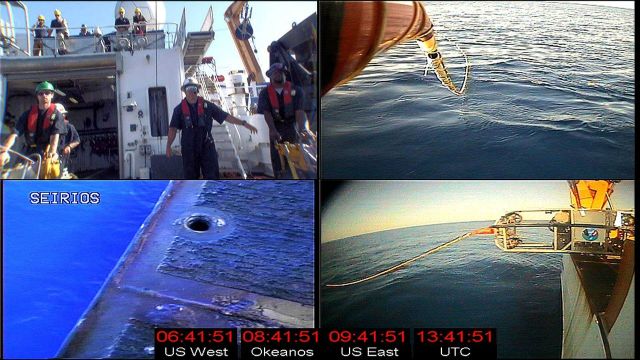 Video displays monitoring ROV launch operation on OKEANOS EXPLORER. Picture