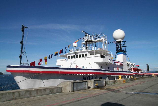 NOAA Ship OKEANOS EXPLORER dressed for its commissioning ceremony. Picture