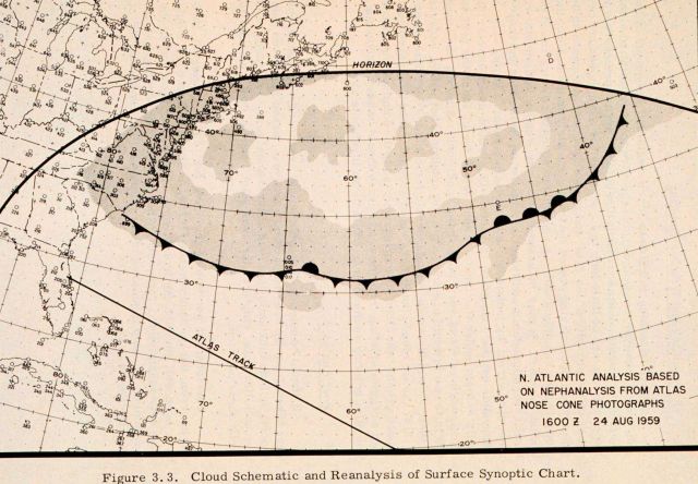 Cloud cover analysis made from mosaic of three photographs taken from a stabilized camera in the nose cone of an Atlas rocket fired from Cape Canavera Picture