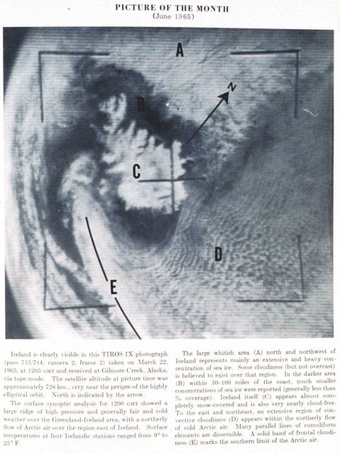 Iceland with sea ice to the north (A), a frontal band to the south (E), and parallel bands of cumuliform clouds to the east (B) Picture