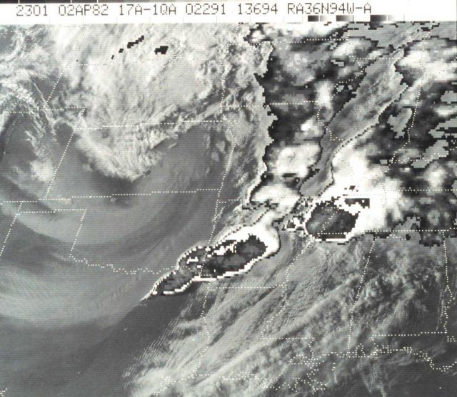 Sector of GOES full disk composite infrared and visible image indicates areas of high convection and potentially violent weather Picture