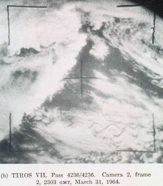 TIROS VII image showing eddy patterns in clouds downstream of Aleutian Islands Picture