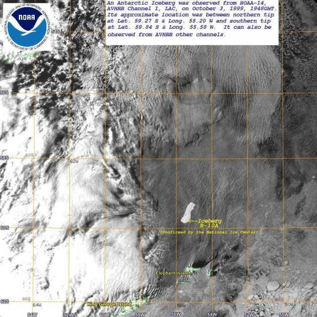 Iceberg B-10A observed from NOAA-14 polar orbiting satellite. Picture