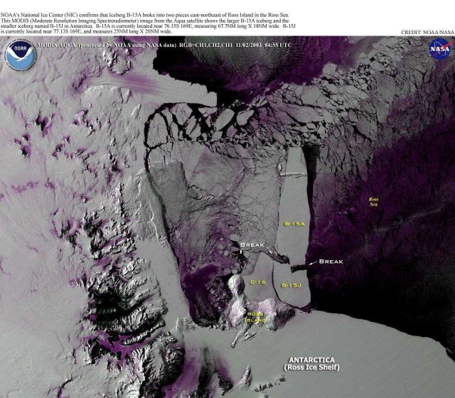 Iceberg B-15A has broken into two pieces east-northeast of Ross Island in the Ross Sea. Picture