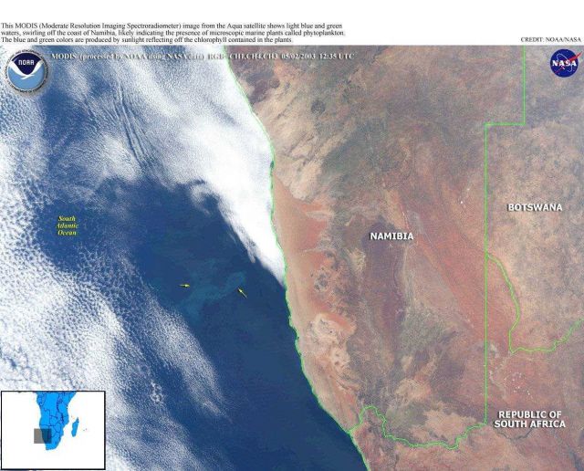 Light blue and green waters off the coast of Namibia indicate phytoplankton bloom. Picture