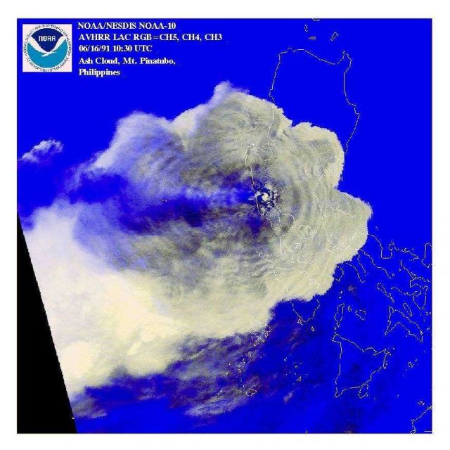Ash cloud from Mount Pinatubo eruption approximately 300 miles in diameter. Picture