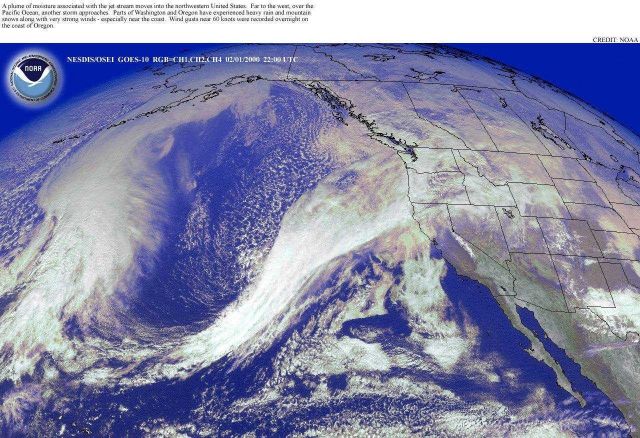 A plume of moisture associated with the jet stream hits the West Coast with winds up to 60 knots ( 69mph) Picture