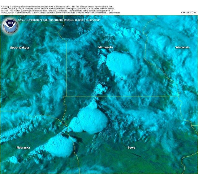Huge supercell thunderstorms extending from northeast Nebraska into central Minnesota Picture