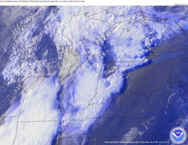 Severe thunderstorms along a frontal system in the Midwest were producing large hail, strong winds, and rain at the time of the image Picture