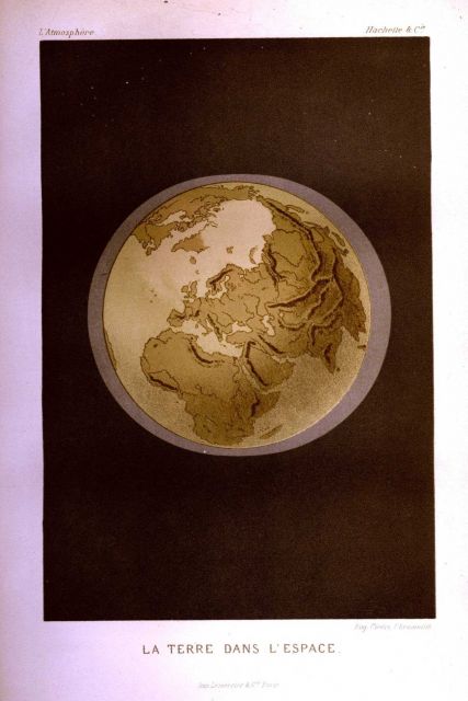 A view of Earth from space as envisioned in L'Atmosphere by Camille Flammarion, 1872. Picture