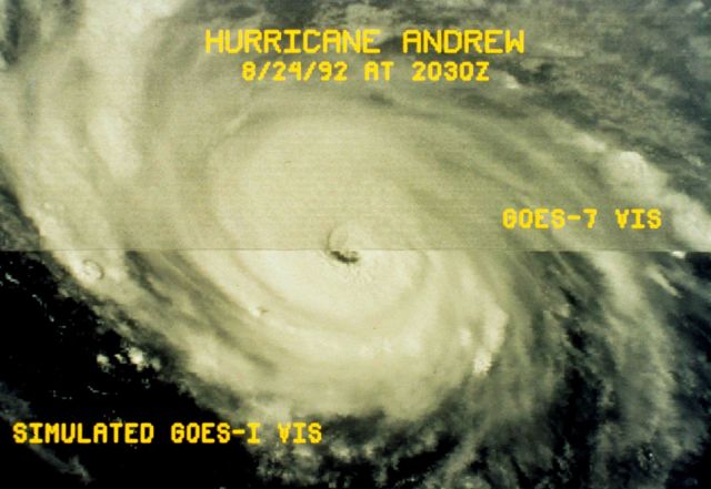 Hurricane Andrew GOES 7 imagery on top of image with a simulated increase in resolution as predicted following the launch of GOES I. Picture