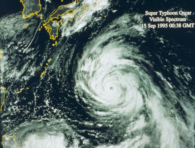 Super Typhoon Oscar SE of Japan near peak intensity. Picture