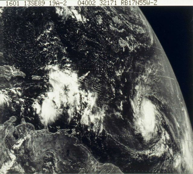 GOES image of tropical wave in Caribbean and Tropical Storm Hugo in the Atlantic. Picture