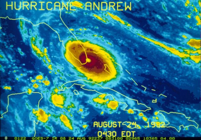 Satellite infrared view of Hurricane Andrew making landfall south of Miami. Picture