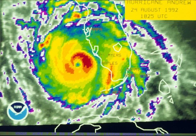 Satellite infrared view of Hurricane Andrew after it had crossed over the Florida Peninsula and entered the Gulf of Mexico. Picture
