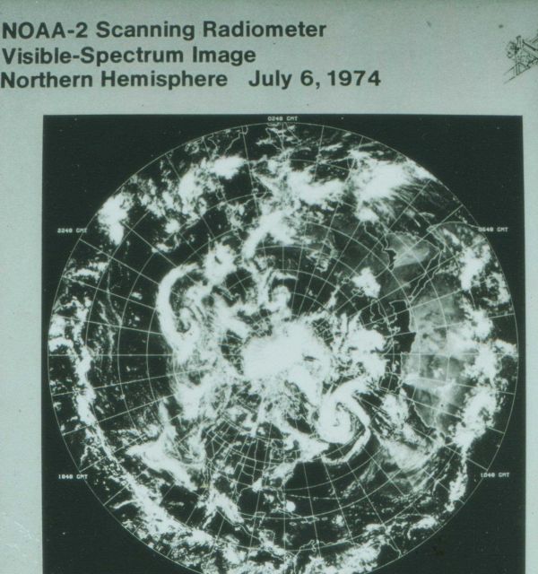 Composite image of Northern hemisphere derived from NOAA-2 scanning radiometer visible-spectrum image. Picture