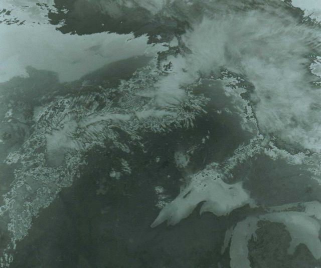 Infrared image of Great Lakes region showing surface water mass characteristics. Picture