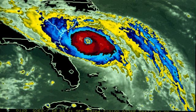 Hurricane Hugo approaching the South Carolina coast as seen from GOES-7. Picture