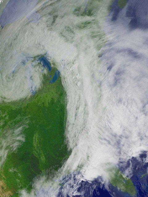 A comma-shaped storm system moving over parts of the Midwestern, Southern, and Northeastern United States Picture