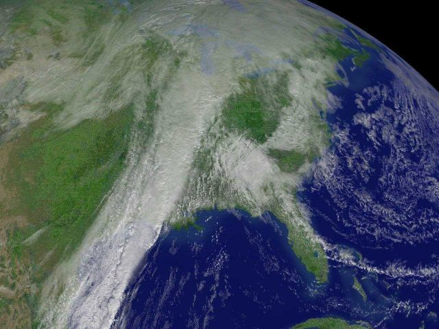 A weakening storm system heading eastward, producing rain over parts of the Midwest, South, and Northeast. Picture