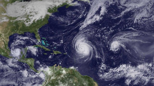 From left to right - Hurricane Karl west of the Yucatan Peninsula, Hurricane Igor east of Puerto Rico, and Hurricane Julia in mid-Atlantic. Picture