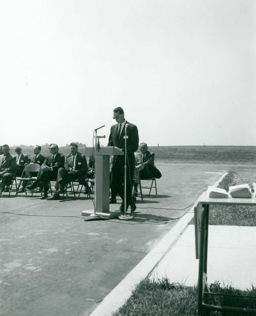 Unknown dignitary speaking at dedication of Wallops Island satellite receiving station. Picture