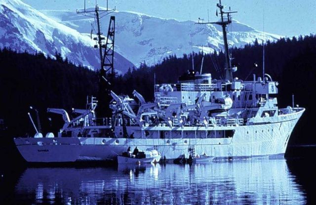 NOAA Ship RAINIER in the light of a clear blue morning. Picture
