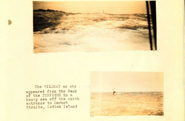 The WILDCAT in heavy seas from the stern of the SURVEYOR. Picture