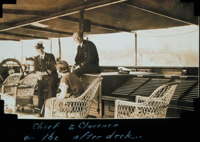 Chief Engineer of the OCEANOGRAPHER and Lieutenant Clarence Burmister on the after deck of the USC&GS OCEANOGRAPHER. Picture